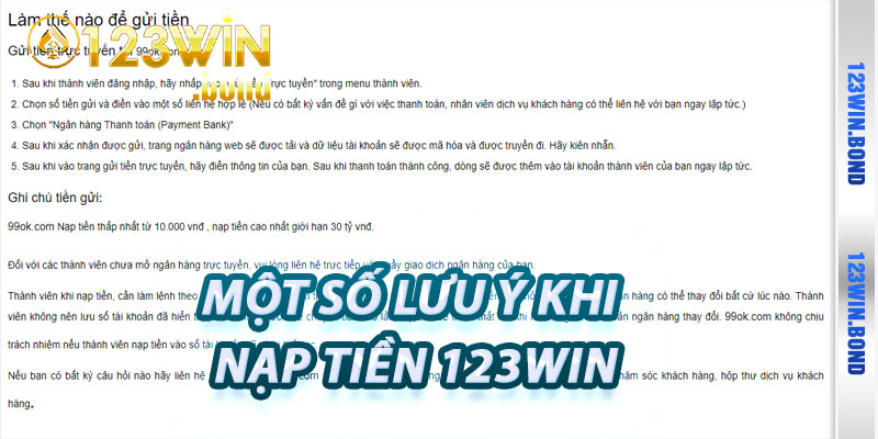 Một Số Lưu Ý Khi Nạp Tiền 123win